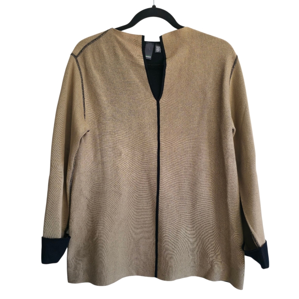 Shannon Passero Open Front Tunic Sweater Oversized Small Tan Black Trim Sz S